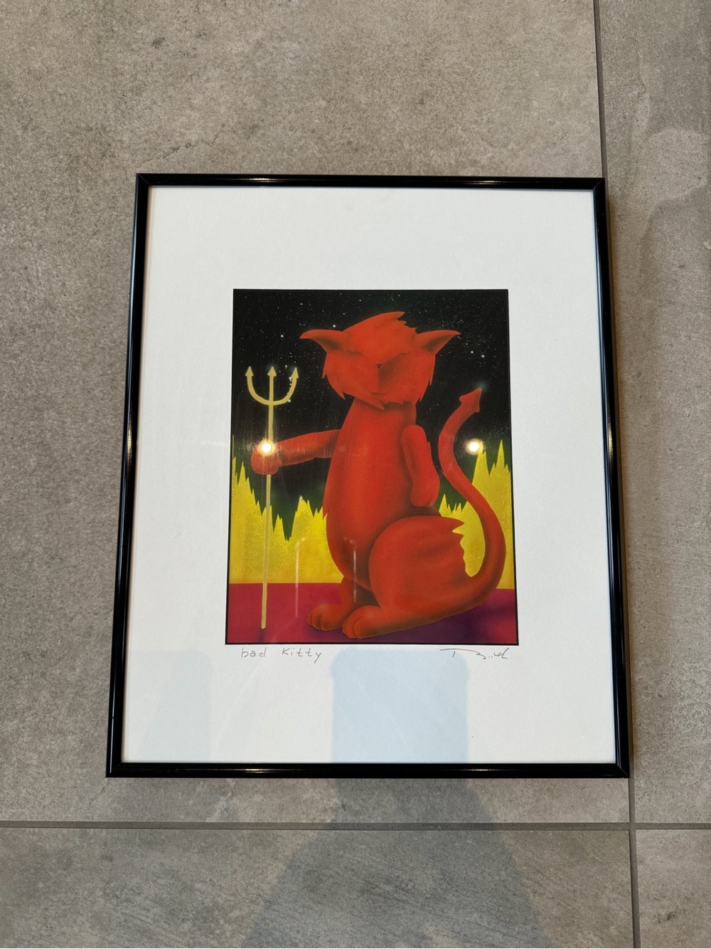 Original hand-signed framed lithograph titled "Bad Kitty" by artist John Booth